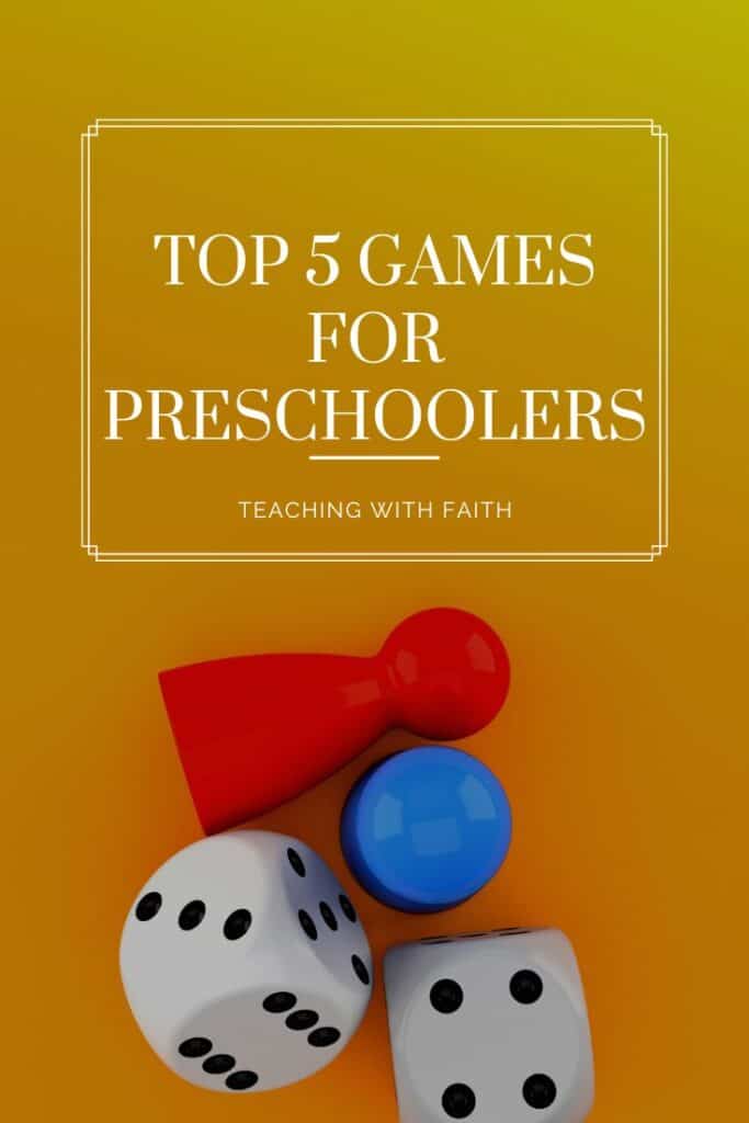 A bright yellow background with game pieces, including dice and colorful pawns, alongside the text "Top 5 Games for Preschoolers." This graphic highlights fun and educational board games perfect for engaging preschool-aged children in learning through play.