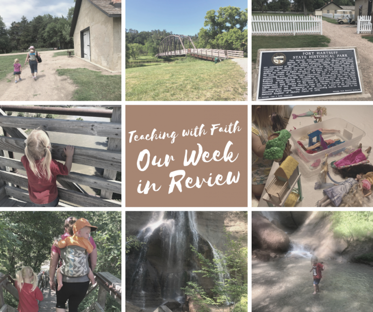 Center Text: Our Week in Review from Teaching with Faith. There are pictures from the week all around the text.