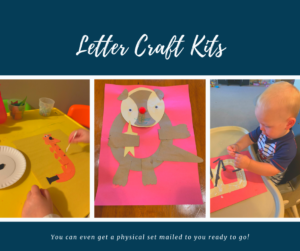 This is a set of three pictures featuring different letter animals made out of construction paper. The top reads, "Letter Craft Kits." There are three pictures (left to right): a little girl painting spots on a J made into a jaguar, an O made into a otter, a baby boy sitting in a high chair putting the strips on a B made into a bumble bee. Under the pictures it reads, "You can even get a physical set mailed to you ready to go."