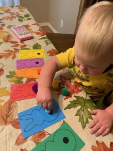 A toddler boy is practicing teaching colors to toddlers using a fun matching game. In front of him are five colored bunnies with Velcro tails, designed for teaching colors toddlers blue and more. He is matching Velcro pompoms to the correct bunnies by color. The orange pompom is correctly matched to the orange bunny, while the purple pompom is on the red bunny. The boy is actively placing a blue pompom onto the blue bunny, reinforcing teaching colors toddlers blue in an engaging way.