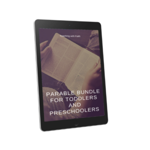 The image is of a tablet with a picture of a child reading the BIble. On top of the picture it reads, "Teaching with Faith: Parable Bundle for Toddlers and Preschoolers."