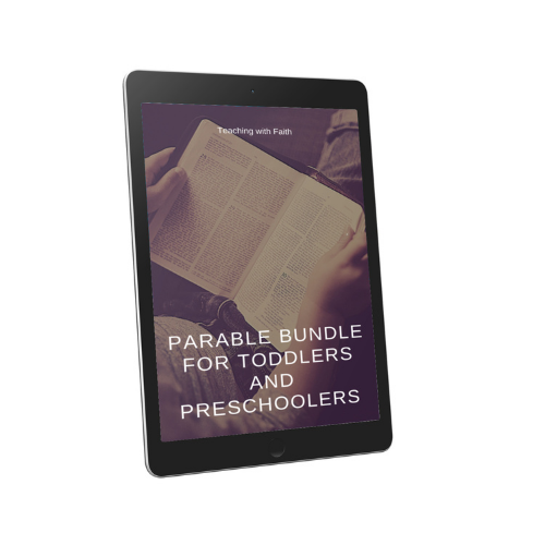 The image is of a tablet with a picture of a child reading the BIble. On top of the picture it reads, "Teaching with Faith: Parable Bundle for Toddlers and Preschoolers."