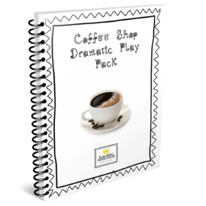A spiral bound book is the main image. The title on the spiral bound book is: "Coffee Shop Dramatic Play Pack." The title is on the top of the book. In the middle of the cover is a coffee cup sitting on a saucer with coffee beans on it as well. Under the coffee cup, is the Teaching with Faith logo.