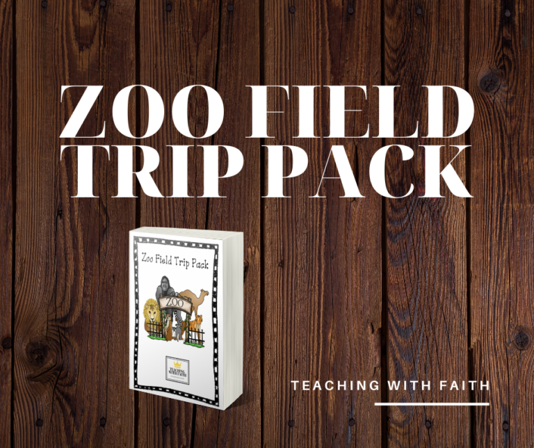 This image has a wooden background with the title, "Zoo Field Trip Pack" on the top of the image. There is also a book with the same time as well as a picture of animals behind a zoo sign and the Teaching with Faith logo on it. On the bottom corner of the image, there are the words, "Teaching with Faith."