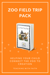 An orange image with a row of light orange polka dots go across the middle of the image. There is a square frame around the edge as well. The title on the top reads, "Zoo Field Trip Pack" with a book underneath it. The book reads, "Zoo Field Trip Pack" with animals behind a zoo sign and the Teaching with Faith logo on the bottom of the book. Under the book it reads, "Helping your child connect the zoo to Creation." On the very bottom it reads "Teaching with Faith."