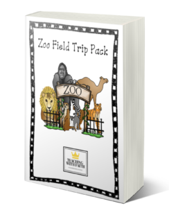 A book is standing up and turned on the diagonal. The title of the book is "Zoo Field Trip Pack" and there is a picture of animals behind a zoo sign. The Teaching with Faith logo is under the animals.