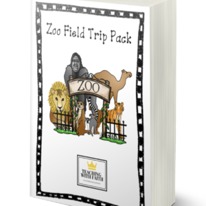 A book is standing up and turned on the diagonal. The title of the book is "Zoo Field Trip Pack" and there is a picture of animals behind a zoo sign. The Teaching with Faith logo is under the animals.
