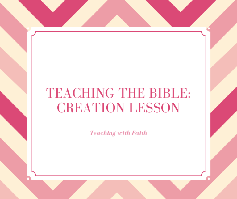 This image has zig zags in the background in shades of red. In the middle there is a box with the title, "Teaching the Bible: Creation Lesson" by Teaching with Faith.
