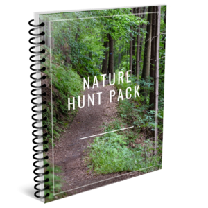 This is a spiral bond book. On the cover is a trail lined with trees. The title is, "Nature Hunt Pack; Teaching with Faith."