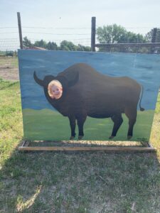 A little girl is standing behind a piece of wood that is painted to show a bison on the plains. The girl is sticking her head through a hole in place of the bison's head.