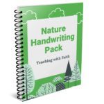 This is a spiral bound book with a green background. On the bottom there are trees and on the top there are 3 clouds. There is a grey square in the middle with the title, "Nature Handwriting Pack: Teaching with Faith."