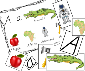 This is the letter A of the alphabet sensory bin mat and cards. The cards are cut out and hidden in a sensory bin. When the child finds the card they match it to the same picture on the mat.