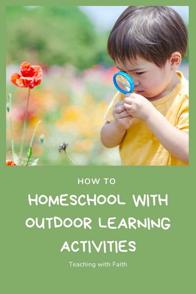 Preschool child holding a magnifying glass to explore flowers in a garden, perfect example of outdoor learning preschool activities – Pinterest image for homeschool inspiration.