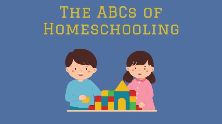 Cartoon illustration of a smiling boy and girl playing with colorful building blocks on a table, with the title 'The ABCs of Homeschooling' in bold yellow letters on a blue background.