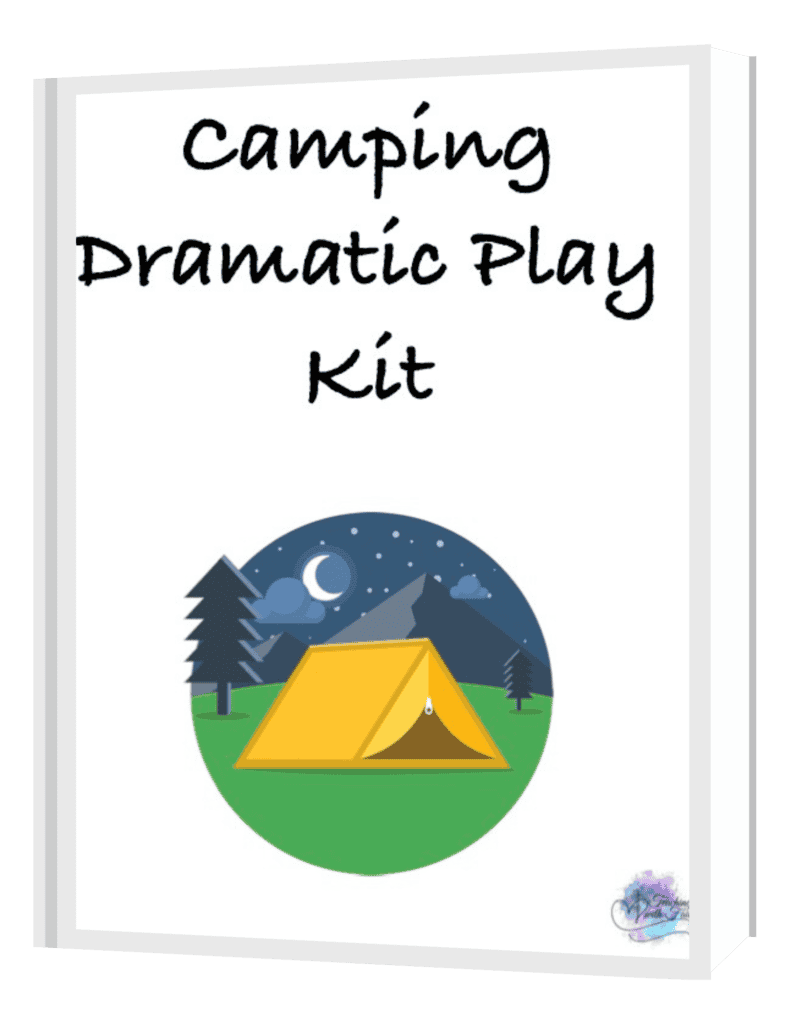 Camping Dramatic Play Kit cover with a tent, trees, mountains, and nighttime camping illustration.