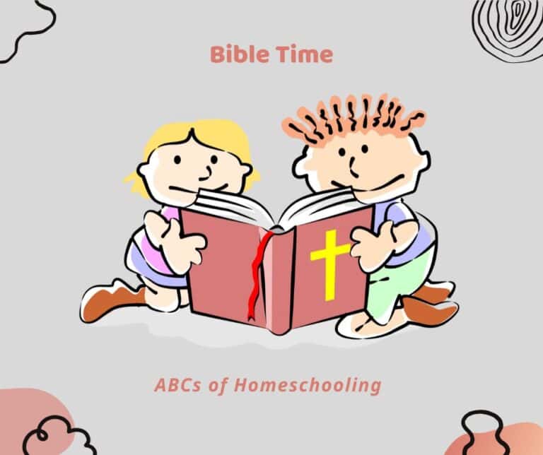 Cartoon of a boy and girl reading a Bible together with a cross on the cover, promoting Bible activities toddlers preschoolers in a homeschool setting.