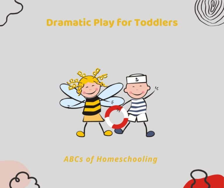 Illustration of a toddler girl dressed as a bee and a toddler boy dressed as a sailor, holding hands and smiling, with the text "Dramatic Play for Toddlers" and "ABCs of Homeschooling" above and below. This playful graphic represents pretend play activities for toddlers and early childhood homeschooling.