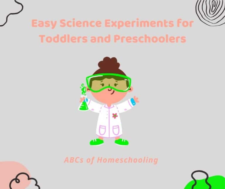 Illustration of a toddler or preschooler dressed as a scientist, wearing green safety goggles and a lab coat, holding a bubbling green beaker. The text reads 'Easy Science Experiments for Toddlers and Preschoolers – ABCs of Homeschooling' on a light gray background with playful doodles."