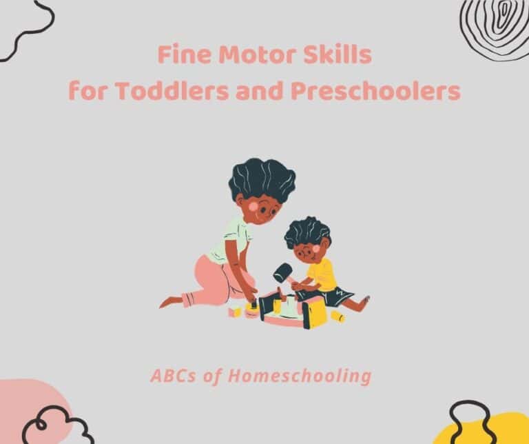 Illustration of a parent and child playing with a toy hammer and blocks, engaging in a hands-on activity that supports fine motor skills development in toddlers and preschoolers. Text reads: “Fine Motor Skills for Toddlers and Preschoolers – ABCs of Homeschooling.”