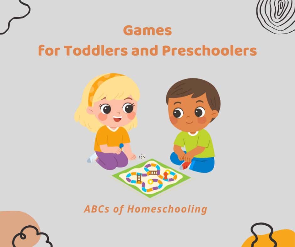 Illustration of a toddler and preschooler playing a board game together, highlighting play-based learning activities for early childhood homeschooling.