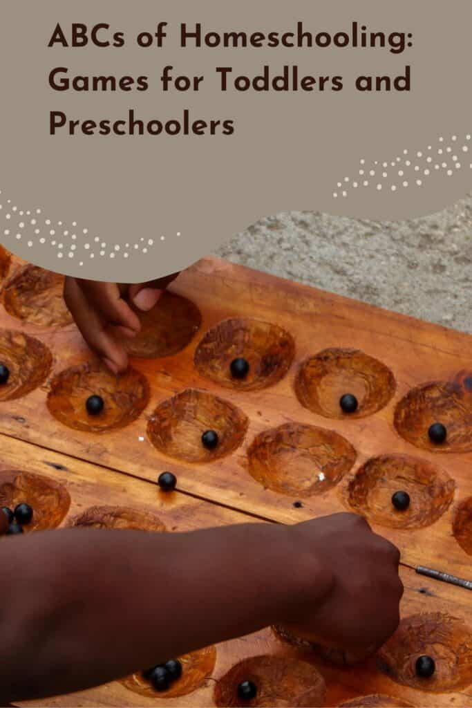 Pinterest image showing a hands-on preschool game using a wooden counting board and black marbles, ideal for play-based learning with toddlers and preschoolers.