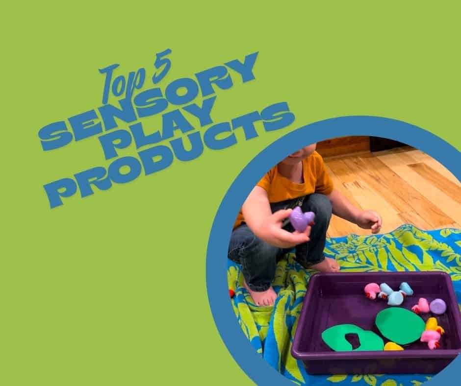 Graphic titled “Top 5 Sensory Play Products” on a green background with bold blue lettering. A circular photo inset shows a toddler sitting on a colorful blanket, playing with a purple sensory bin filled with toy frogs and lily pads—highlighting engaging sensory bin products for preschoolers.