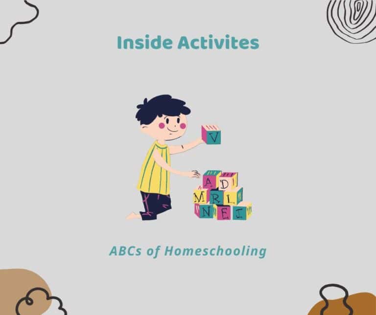 Illustration of a happy toddler building a tower out of multicolored letter blocks while sitting indoors. The blocks display various letters like A, D, M, R, L, N, E, and V. The top of the image reads “I is for Indoor Activities,” and the bottom says “ABCs of Homeschooling.” The image highlights creative and educational indoor activities designed for preschoolers and toddlers, reinforcing early literacy and fine motor skills in a home learning environment.