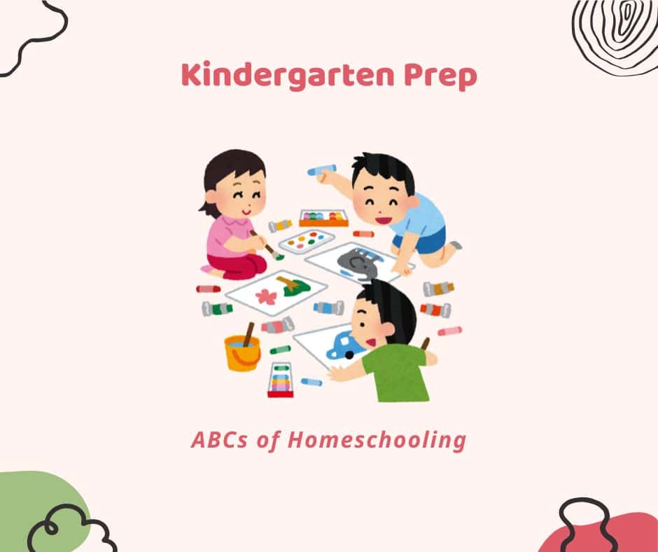 Illustration of three young children painting and creating art together for kindergarten readiness through play, with the title "Kindergarten Prep: ABCs of Homeschooling."