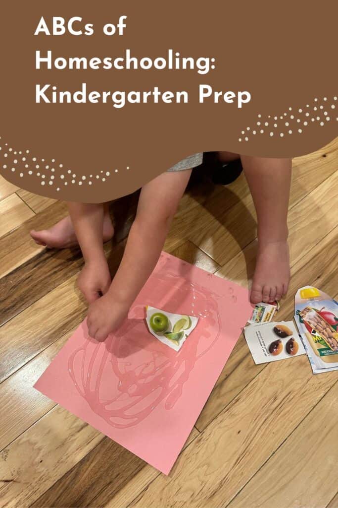 Pinterest image showing a child completing a hands-on glue and picture-matching activity on pink paper, promoting kindergarten readiness through play for homeschool kindergarten prep.