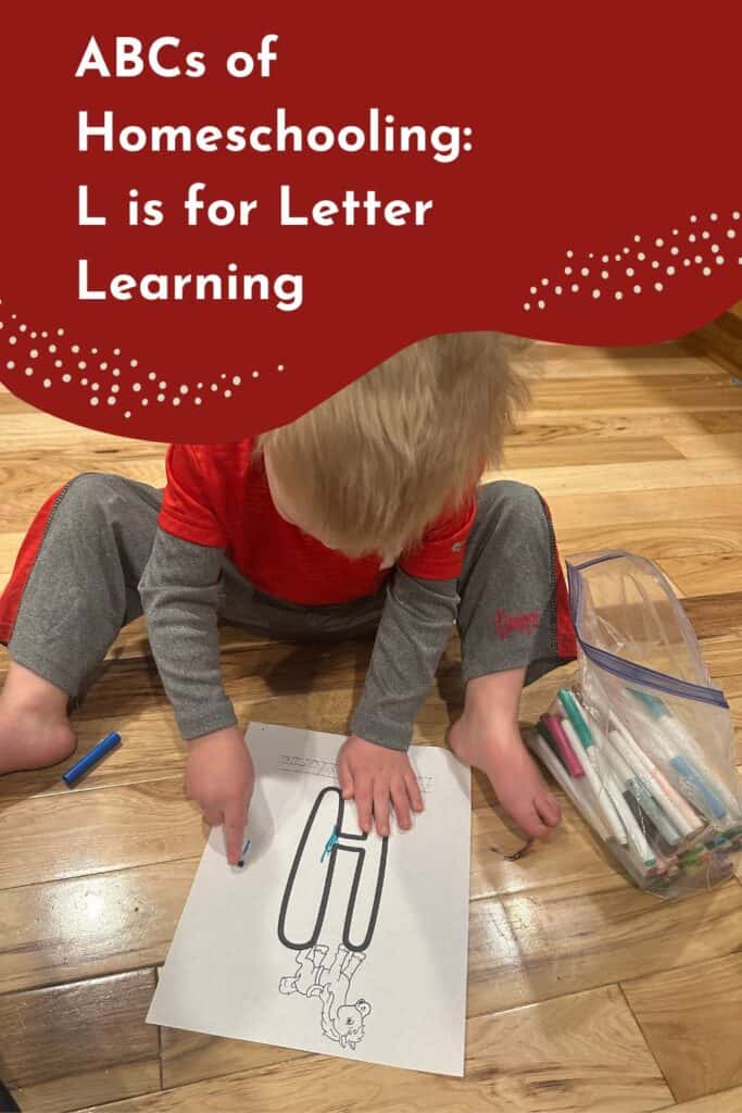 Pinterest image showing a young child coloring a large letter H printable with markers, part of a homeschool activity to teach letters to toddlers and preschoolers using hands-on learning.
