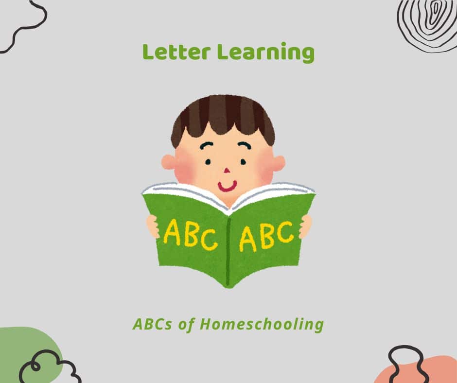 Cartoon-style image of a smiling child holding an open green book labeled ABC, with the text 'Letter Learning' above, designed to teach letters to toddlers and preschoolers.