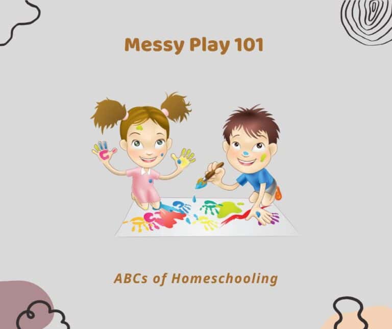 Illustrated image of two young children doing handprint painting on a large white sheet, featured under the title “Messy Play 101”—a fun and colorful example of easy toddler activities at home that encourage creativity and sensory exploration.