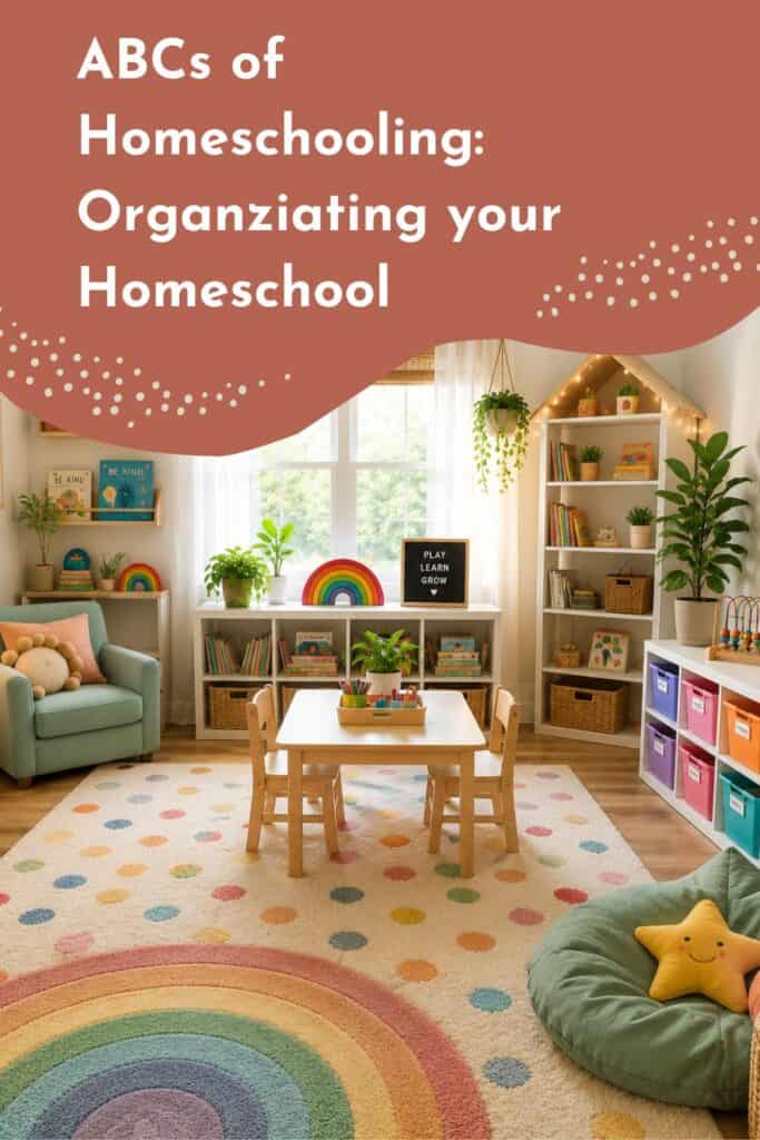 This Pinterest image has a bright, organized homeschool room with a child-sized table, bookshelves, colorful storage bins, plants, and reading spaces, with the title ‘ABCs of Homeschooling: Organizing Your Homeschool’ on it.