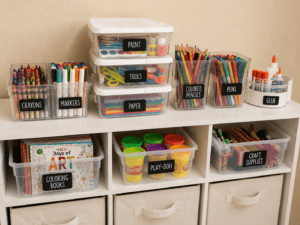 Homeschool organization with clear storage containers holding crayons, markers, paint, paper, colored pencils, glue, Play-Doh, and other art supplies on a white shelf.