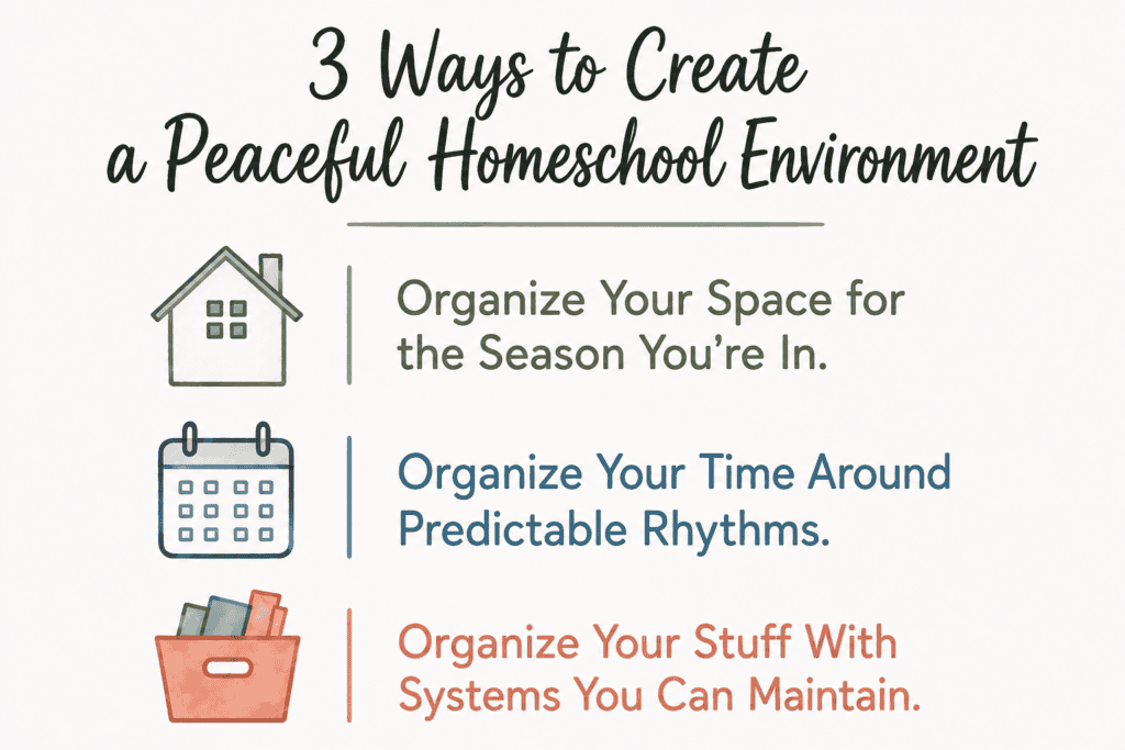 Graphic showing three homeschool organization tips: organize your space for the season you’re in, create predictable rhythms, and use simple systems you can maintain.