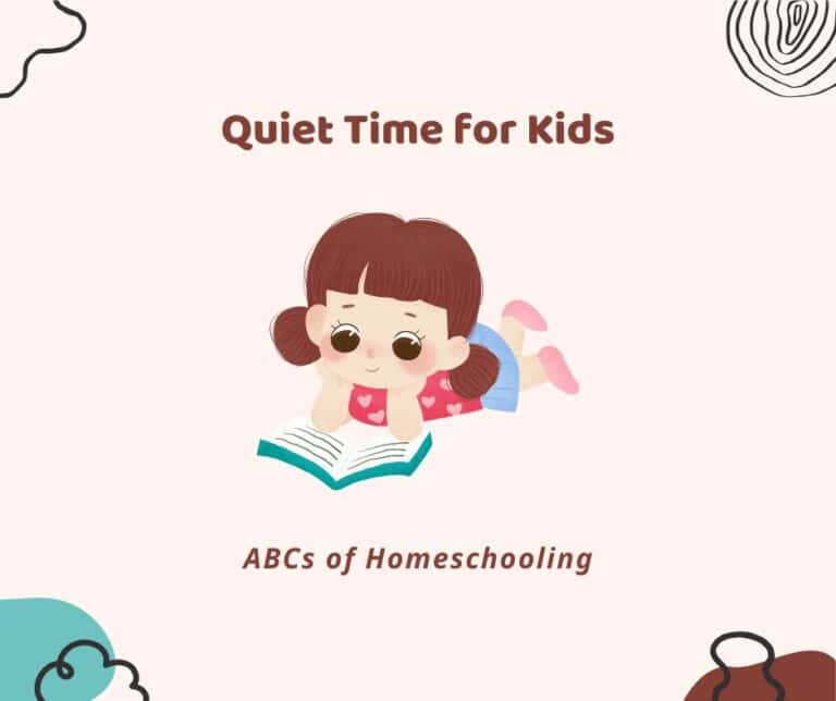 Graphic titled “Quiet Time for Kids” featuring an illustrated girl lying down and reading a book, with “ABCs of Homeschooling” written below.